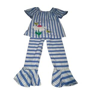 Rare Editions Girl's 2 Piece Outfit With Ruffles Bees Flower Size 6 Blue White